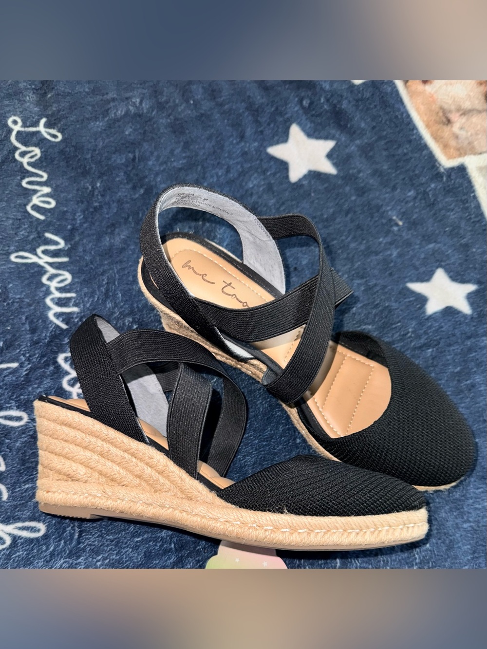 Me Too 7.5 Black Wedge Espadrille Sandals